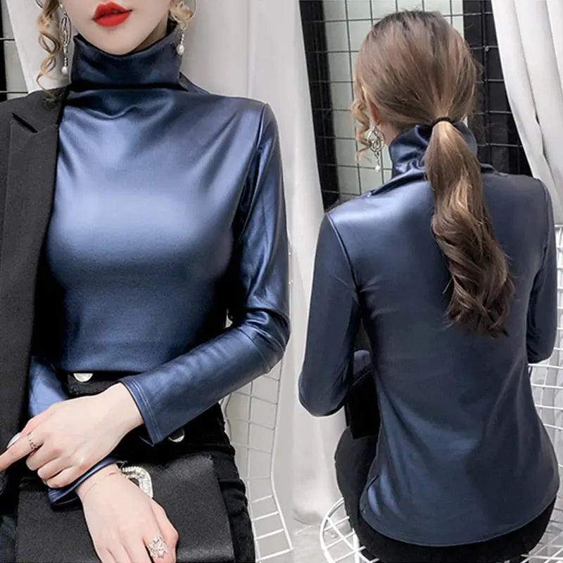 Winter turtleneck long sleeve pullover faux leather blouse