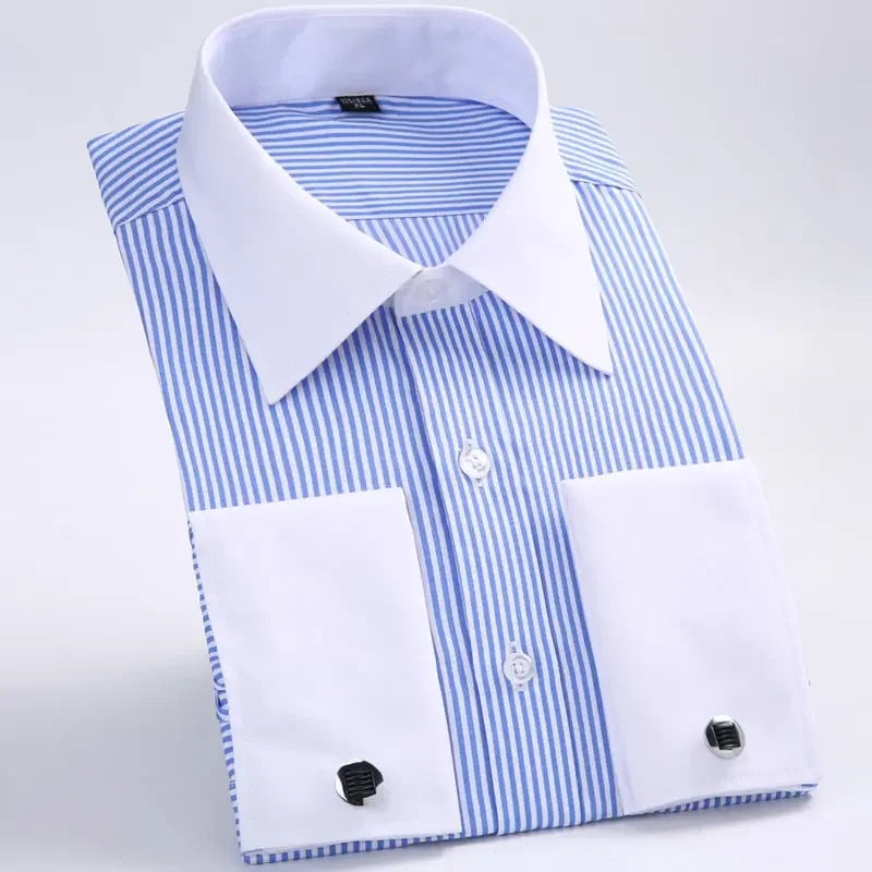 Men&#39;s Classic French Cuffs Striped Dress Shirt Single Patch Pocket Standard-fit Long Sleeve Wedding Shirts Cufflink Included