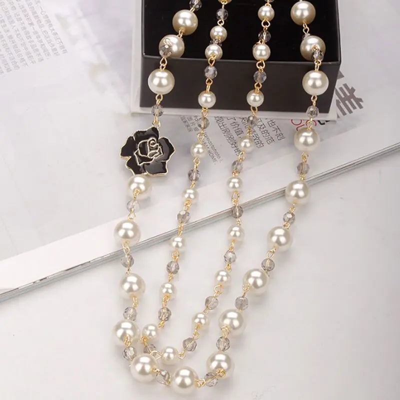 korean Camellia double layerd sweater long chain pearl necklace pendant jewelry for women party