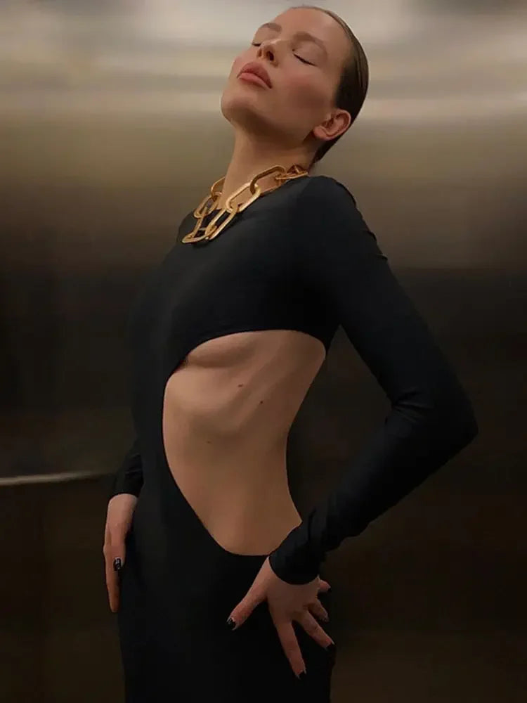 Black Cut Out Round Neck Long Sleeve Club Dress