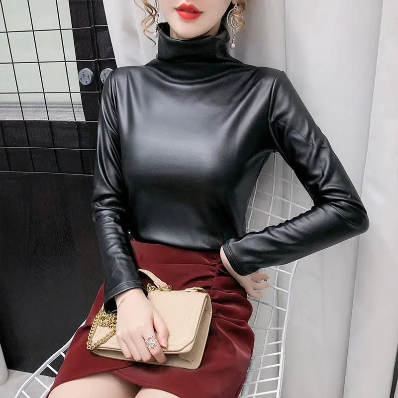 Winter turtleneck long sleeve pullover faux leather blouse