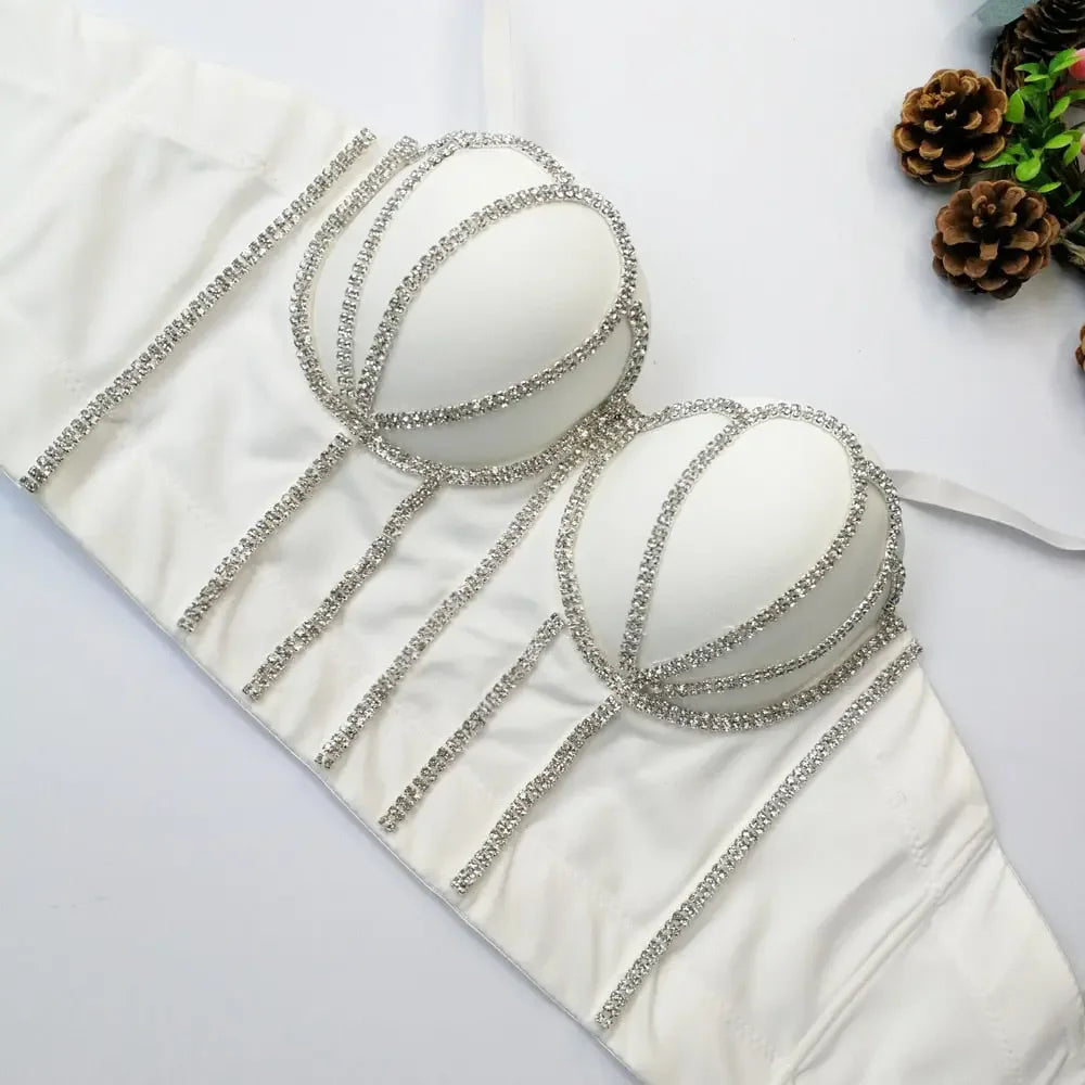 Irene Tinnie Sexy Rhinestone Bustier Corset Push Up Night Club Bralette Women&#39;s New Fashion Bra Cropped Top Plus Size Vest