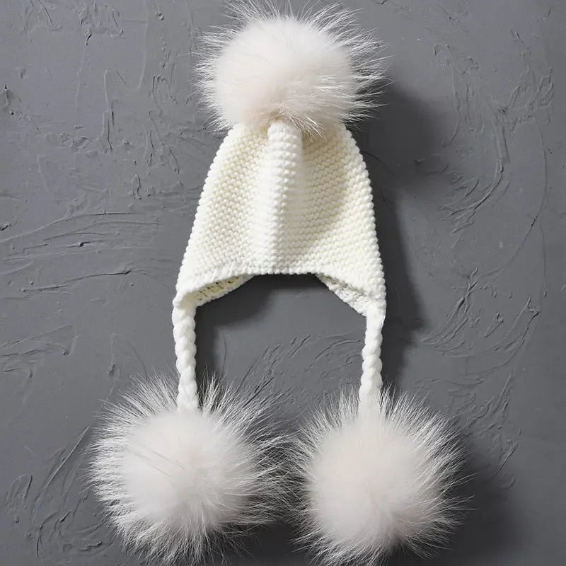 Knitted Baby Hat with Three Real Fur Pompom Children Beanie Boy Girl Natural Raccoon Fur Ball Kids Cap Cute Real Fur Pom Pom Hat