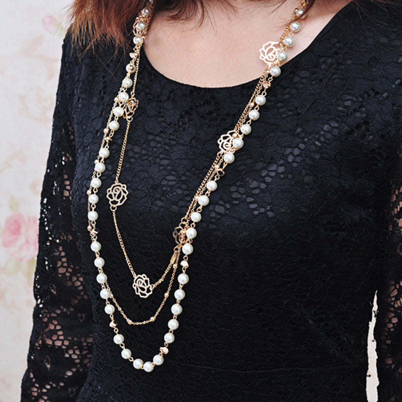 Long Simulated Pearl Necklace For Women Camellia Double Layer Pendant Sweater Chain Party Necklace