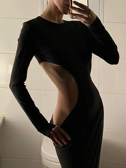 Black Cut Out Round Neck Long Sleeve Club Dress