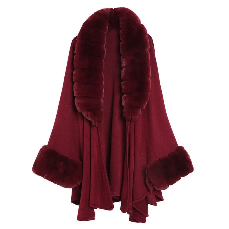 Fashion Cloak Knitted Out Streetwear Coat Women Capa Grande Big Faux Fox Fur Trim Collar Loose Long Batwing Sleeves Poncho Cape