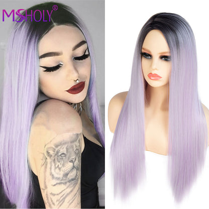Pink Long Straight Synthetic Ombre Hair Wigs Halloween