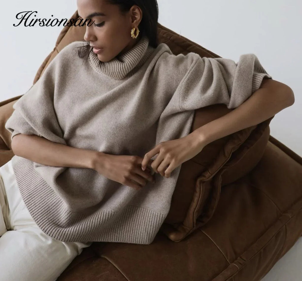 Hirsionsan turtle Neck Solid Cashmere Sweater Women Elegant Soft Warm Female Knitted Pullovers Basic Loose female Jumper LUXLIFE BRANDS