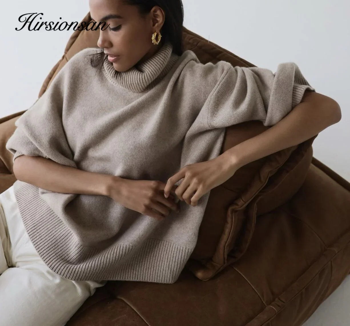 Hirsionsan turtle Neck Solid Cashmere Sweater Women Elegant Soft Warm Female Knitted Pullovers Basic Loose female Jumper LUXLIFE BRANDS