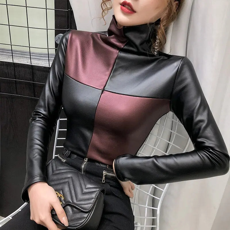 Winter turtleneck long sleeve pullover faux leather blouse