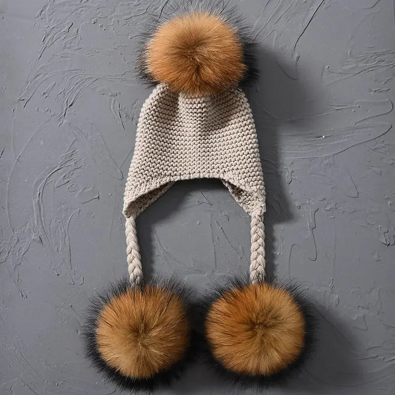 Knitted Baby Hat with Three Real Fur Pompom Children Beanie Boy Girl Natural Raccoon Fur Ball Kids Cap Cute Real Fur Pom Pom Hat