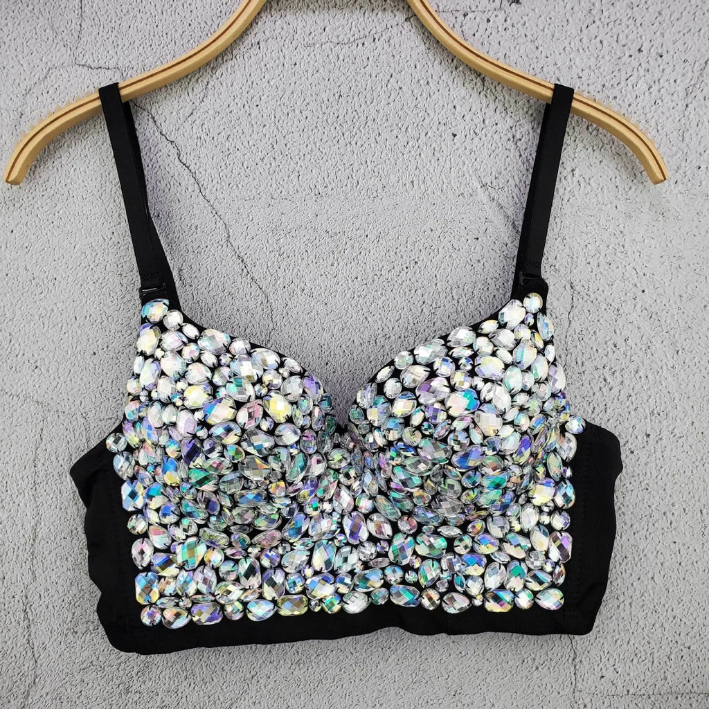 IRENE TINNIE Handmade Shiny Rhinestone Crop Top Shining Tank Top Backless Vest Sexy Bra Party Nightclub Vest