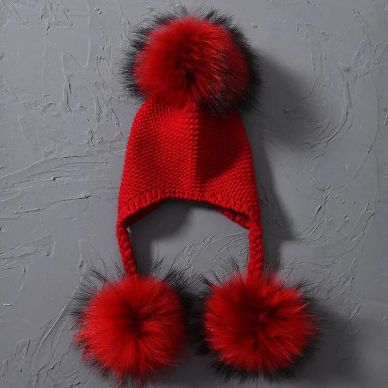 Knitted Baby Hat with Three Real Fur Pompom Children Beanie Boy Girl Natural Raccoon Fur Ball Kids Cap Cute Real Fur Pom Pom Hat