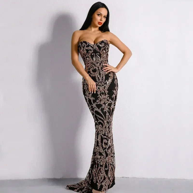 New Years Strapless Sequin Floor Length Party Dress