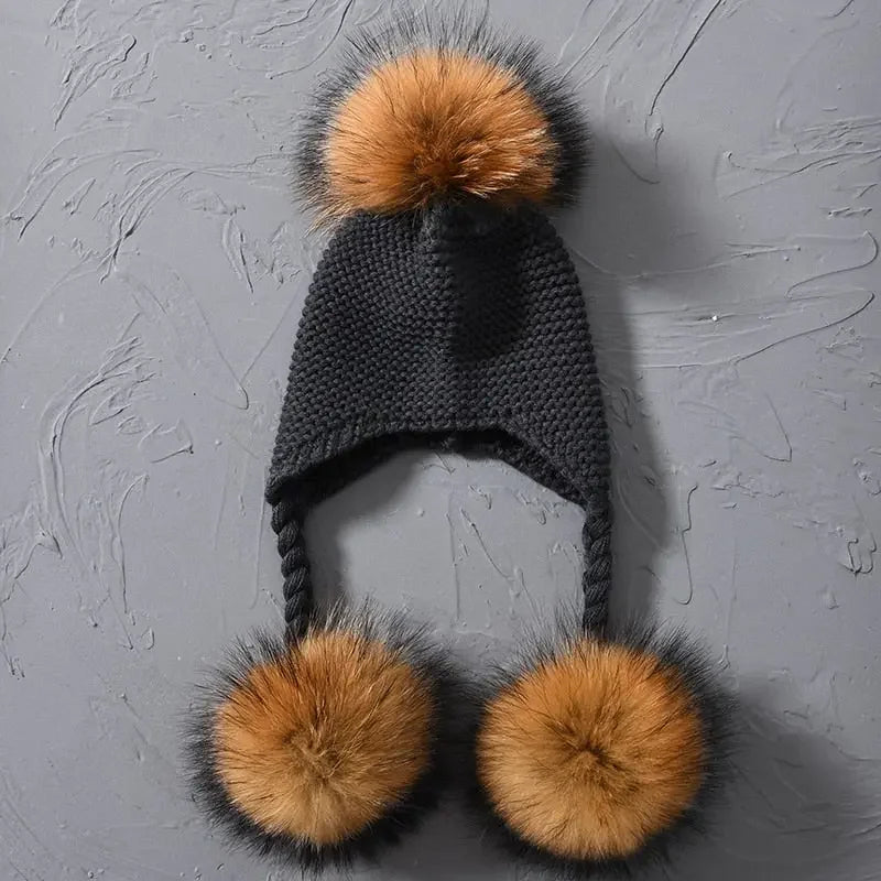 Knitted Baby Hat with Three Real Fur Pompom Children Beanie Boy Girl Natural Raccoon Fur Ball Kids Cap Cute Real Fur Pom Pom Hat