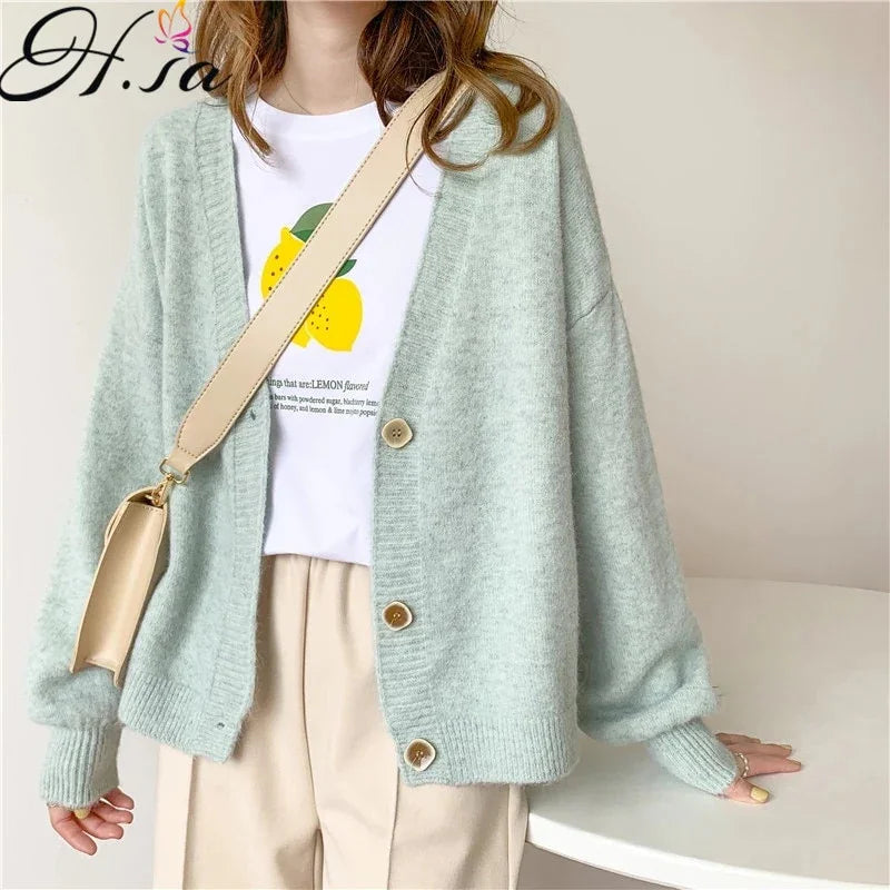 H.SA Women Sweater Cardigans Spring Solid Cashmere Sweater Coat Chic Korean style Casual Cardigans Roupa Jacket sueters mujer LUXLIFE BRANDS