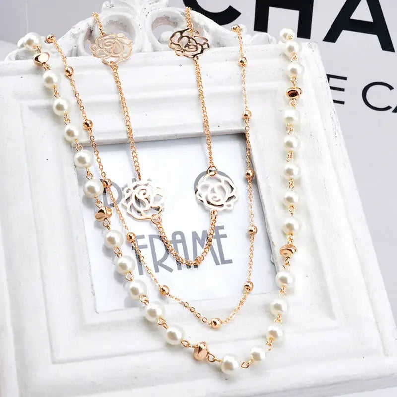 Long Simulated Pearl Necklace For Women Camellia Double Layer Pendant Sweater Chain Party Necklace