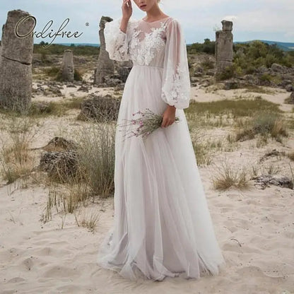 Long Sleeve Lace Beach Bridal Gown - LUXLIFE BRANDS