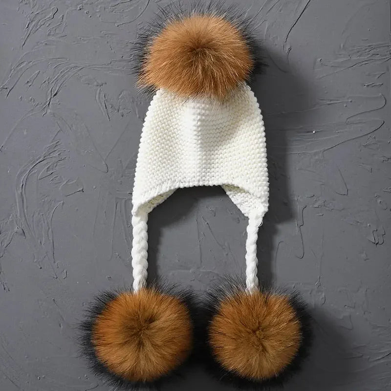 Knitted Baby Hat with Three Real Fur Pompom Children Beanie Boy Girl Natural Raccoon Fur Ball Kids Cap Cute Real Fur Pom Pom Hat