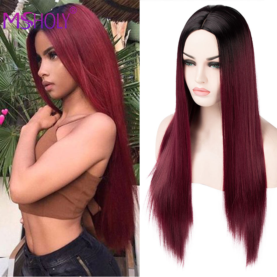 Pink Long Straight Synthetic Ombre Hair Wigs Halloween