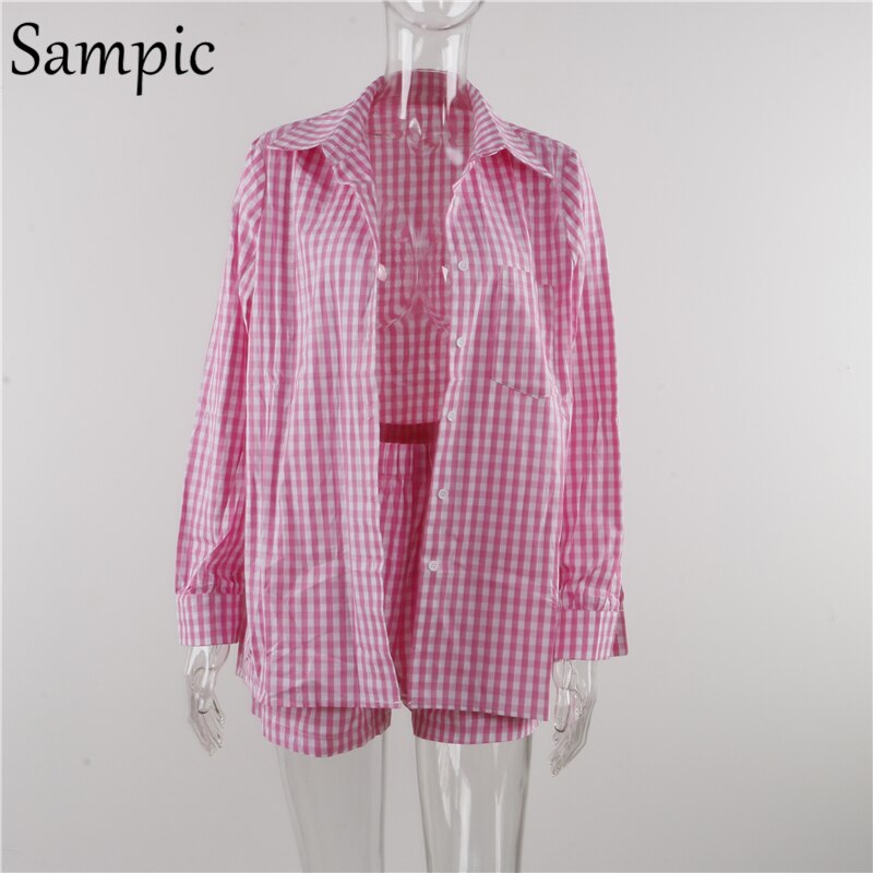 Sampic Sexy Casual Women Tracksuit Pink Plaid Shorts Lounge Wear Long Sleeve Shirt Tops And High Waist Mini Shorts Two Piece Set
