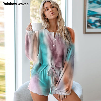 Rainbowwaves Women Pajamas Sets Tie Dye Printing Ruffle Short Casual Long Sleeved Top And Shorts Two Piece Pajamas