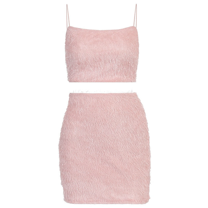 Cute Pink Fur Crop Top & Skirt Outfit
