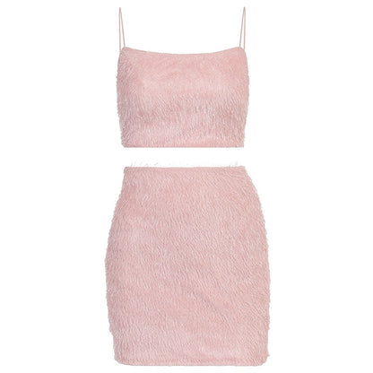Cute Pink Fur Crop Top & Skirt Outfit