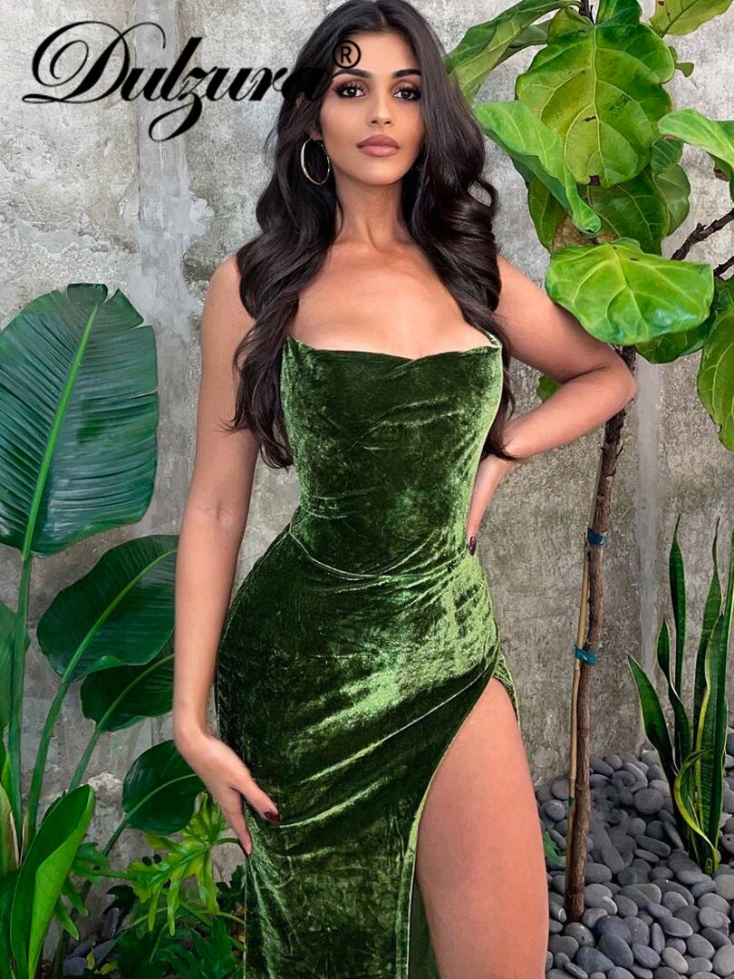 Green Velvet Maxi Slit Dress