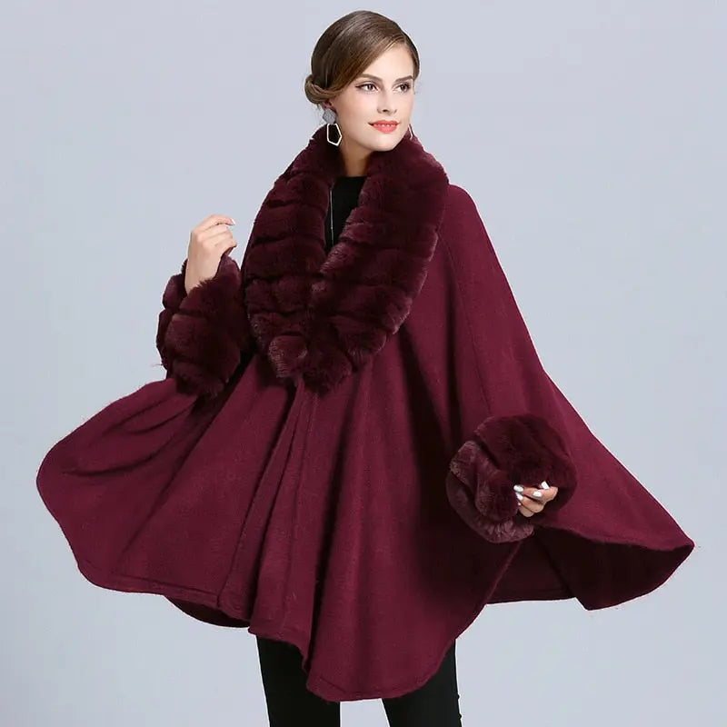 Fashion Cloak Knitted Out Streetwear Coat Women Capa Grande Big Faux Fox Fur Trim Collar Loose Long Batwing Sleeves Poncho Cape