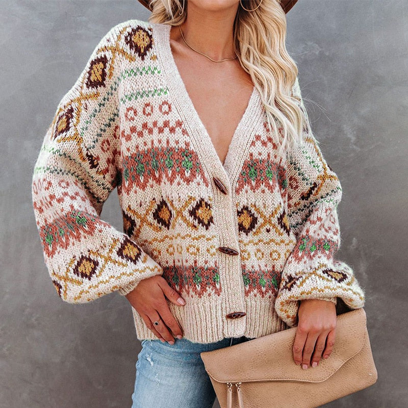 TEELYNN Boho Ethnic Jumper Long Sleeve knitted Women Sweater Cardigan V Neck Long Sleeve Fall Autumn Winter Warm Coat Outwear