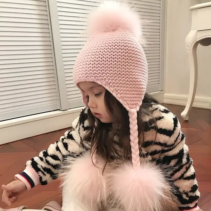 Knitted Baby Hat with Three Real Fur Pompom Children Beanie Boy Girl Natural Raccoon Fur Ball Kids Cap Cute Real Fur Pom Pom Hat