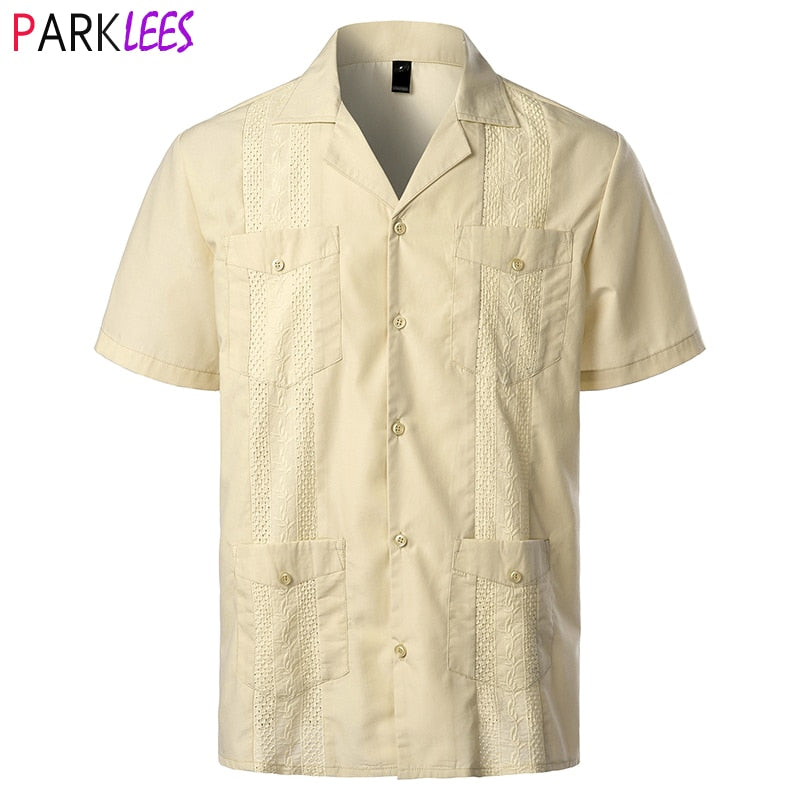 Men&#39;s Traditional Cuban Camp Collar Guayabera Shirt Short Sleeve Embroidered Mexican Caribbean Style Beach Shirt with 4 Pocket