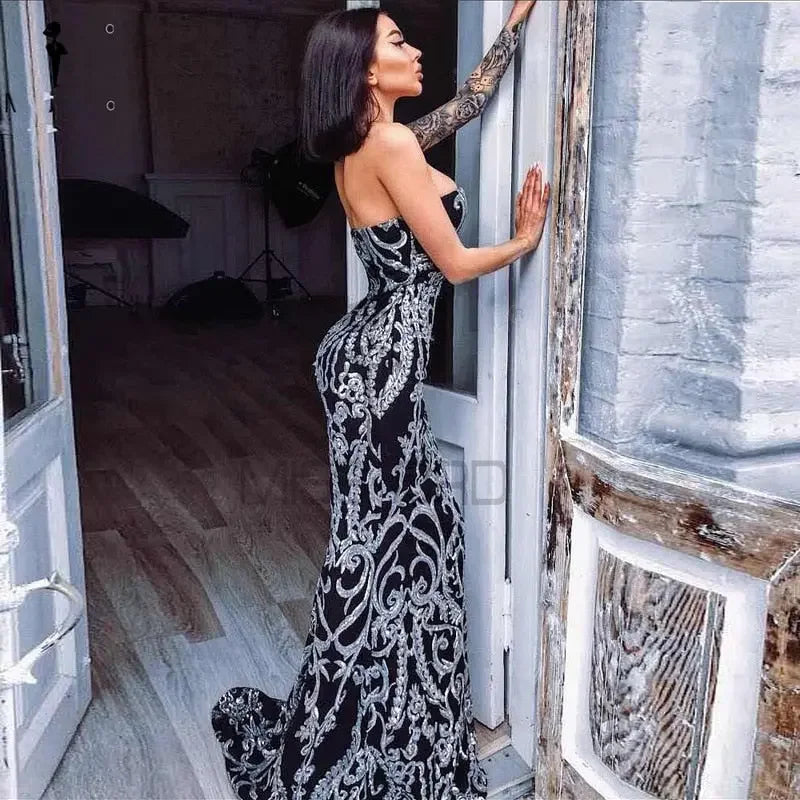 New Years Strapless Sequin Floor Length Party Dress