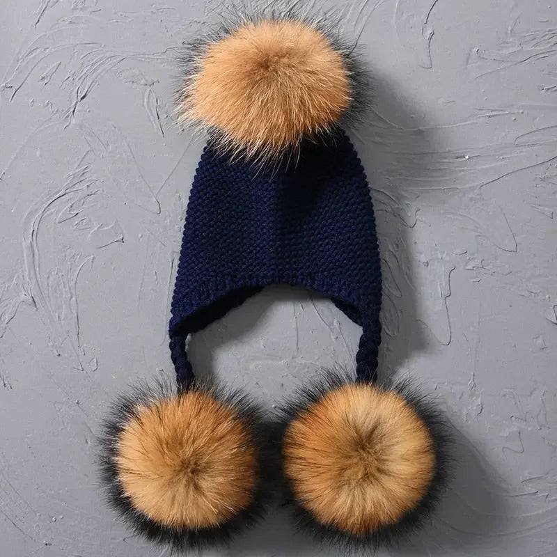 Knitted Baby Hat with Three Real Fur Pompom Children Beanie Boy Girl Natural Raccoon Fur Ball Kids Cap Cute Real Fur Pom Pom Hat