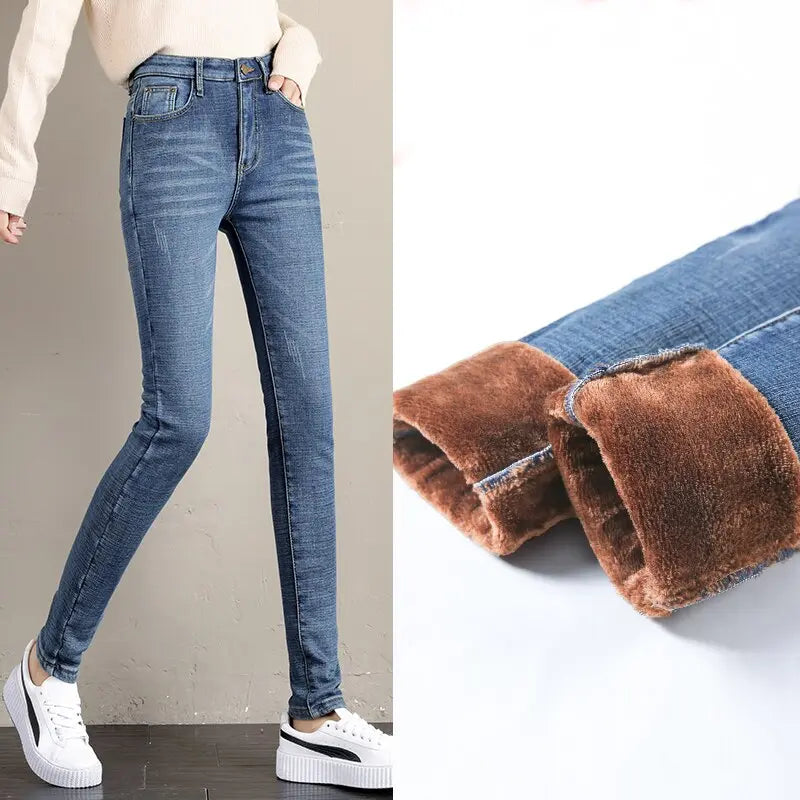 TIKTOK High Waist Stretchy Thick Fleece Denim Jeans