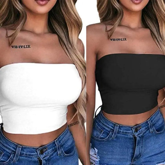 Women Sexy Strapless Off Shoulder Crop Tube Top Solid Color Stretchy Bandeau Seamless Casual Basic Breast Wrap No-Padded Bra