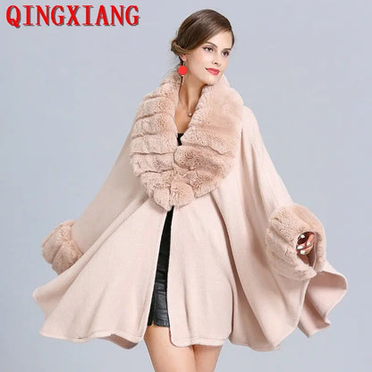 Fashion Cloak Knitted Out Streetwear Coat Women Capa Grande Big Faux Fox Fur Trim Collar Loose Long Batwing Sleeves Poncho Cape