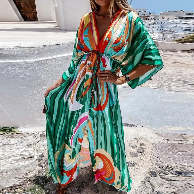 Maria Deep V Neck Maxi Beach Dress - LUXLIFE BRANDS