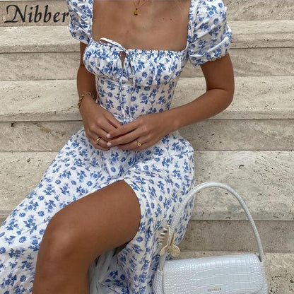 French Floral Puff Sleeve Side Slit Midi Dress