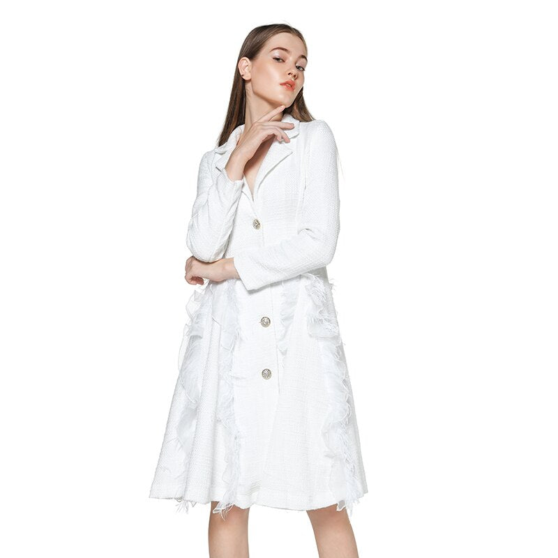 Yuerwang Women Coat Winter Long White Feather Coat Temperament Spliced lady Overcoat Lotus Leaf Single Breasted Slim Thin 2021