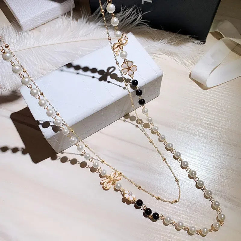 Famous Design Layered Pearls Beads Bow Flower Long Pendant Sweater Chain Necklace For Women