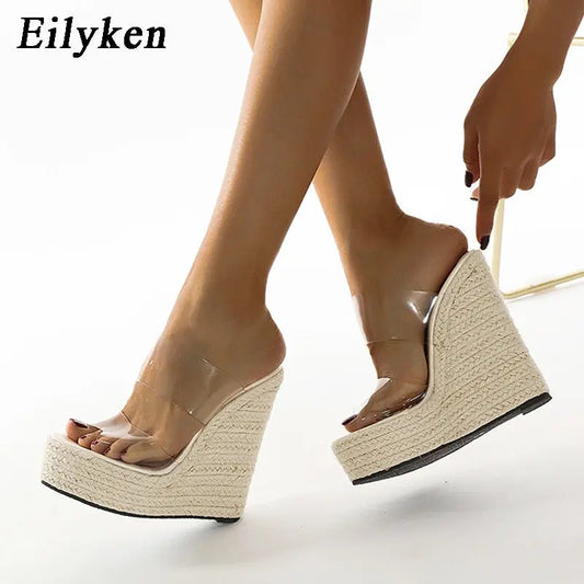 Eilyken Summer PVC Transparent Peep Toe Cane Straw Weave Slippers Platform Wedges Sandals Women Fashion High Heels Female Shoes