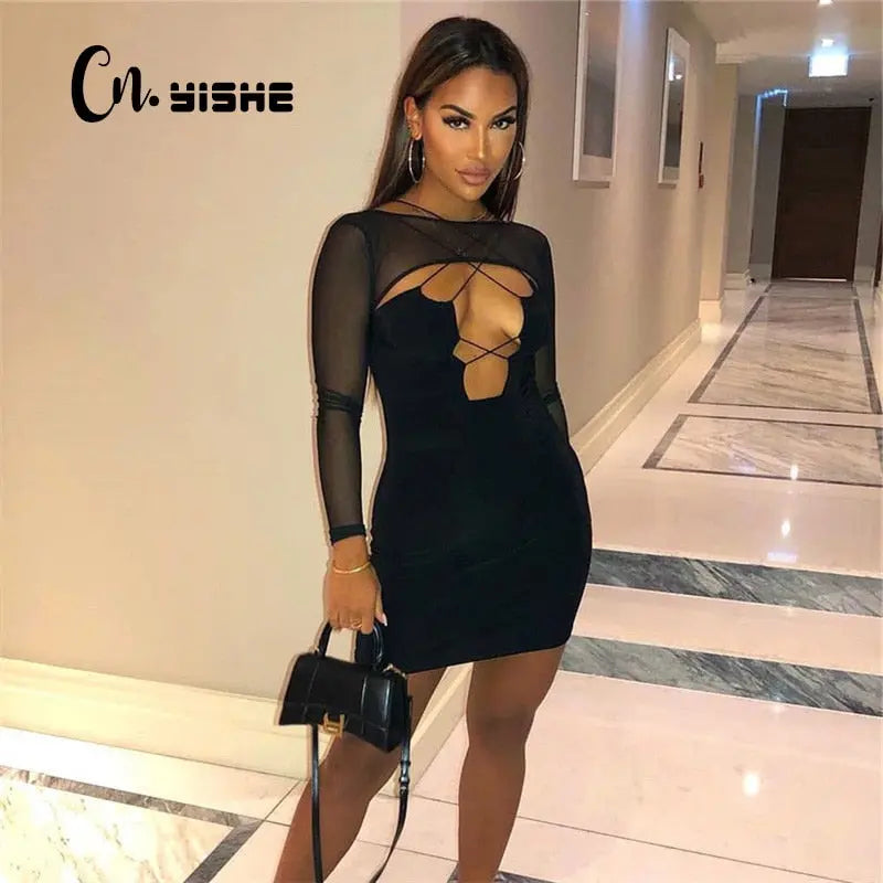 CNYISHE Mesh Sheer Super-short Crop Top and Cut Out Dress Matching Sets Suits Women Tracksuit Midnight Club Two Piece Set Sexy