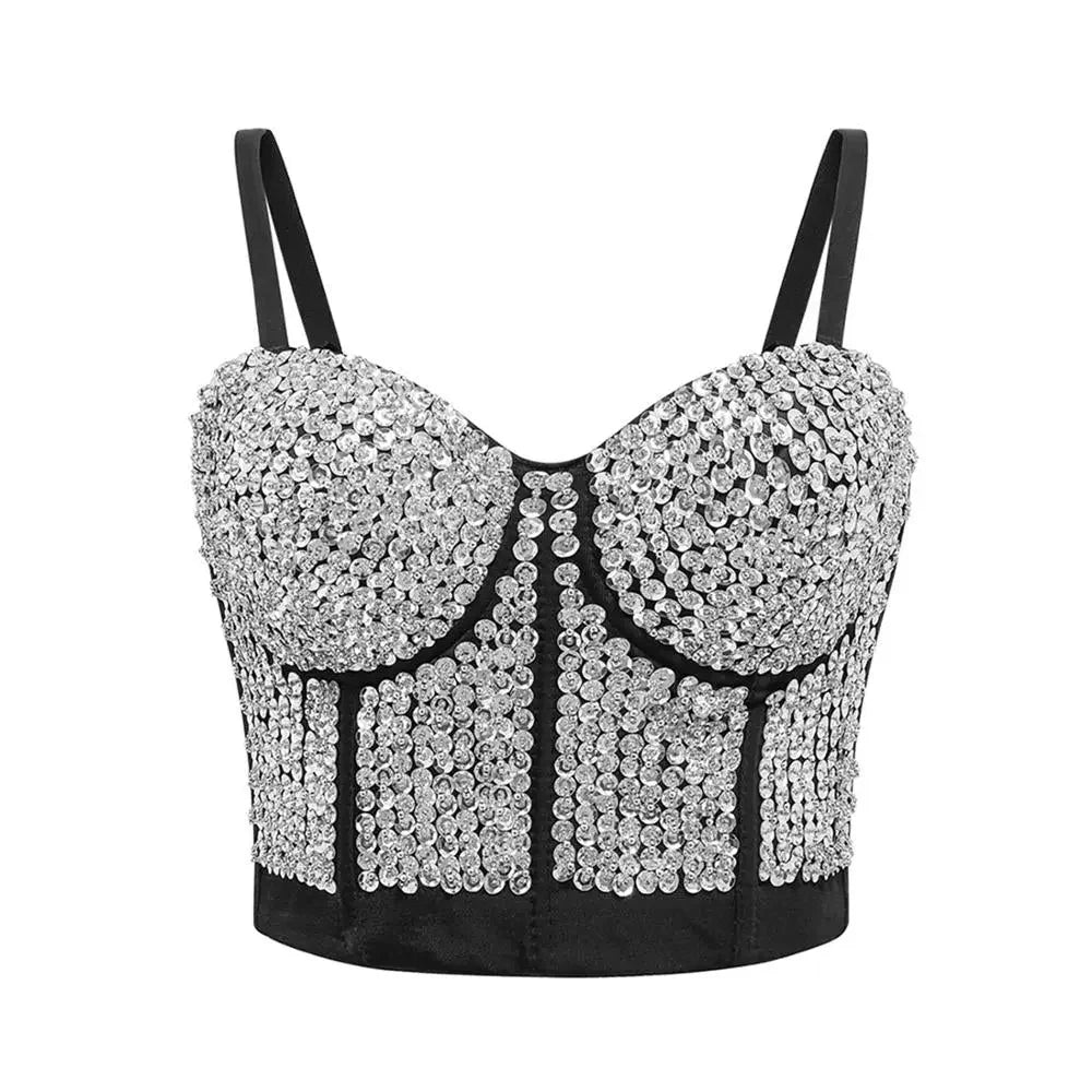 IRENE TINNIE Handmade Shiny Rhinestone Crop Top Shining Tank Top Backless Vest Sexy Bra Party Nightclub Vest
