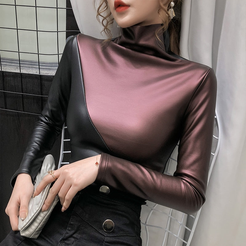 Winter turtleneck long sleeve pullover faux leather blouse