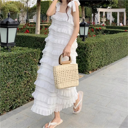 Long Dress 2023 Summer Fashion New Loose High Waist Strap Sleeveless Black Strapless Maxi Dresses Fairy Trendy White Cake Skirt