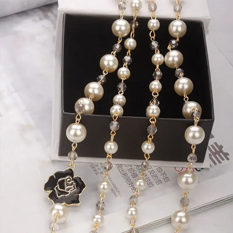 korean Camellia double layerd sweater long chain pearl necklace pendant jewelry for women party