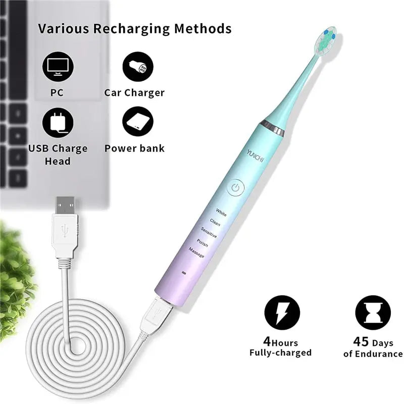 Electric Sonic Toothbrush USB Rechargeable IPX7 Waterproof 5 Modes Smart Timer Soft Bristles Brush Heads For Adult Travel Box