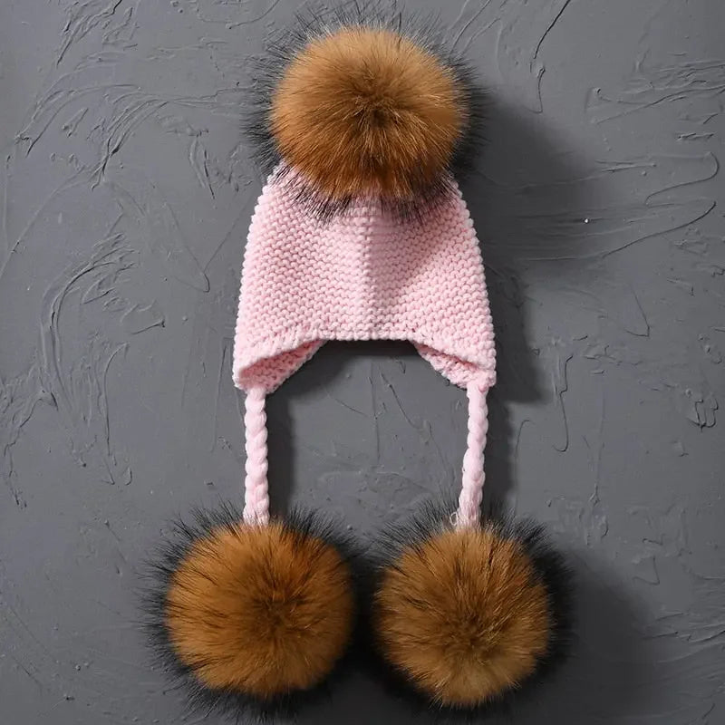 Knitted Baby Hat with Three Real Fur Pompom Children Beanie Boy Girl Natural Raccoon Fur Ball Kids Cap Cute Real Fur Pom Pom Hat
